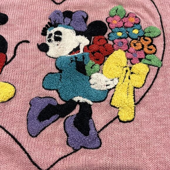 Sunday Comics Sweater M Vintage Mickey Minnie Flowers Short Sleeve Pink Textured - Picture 5 of 9